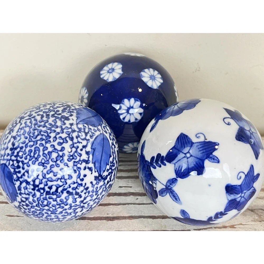 Vintage Pier 1 Blue & White Chinoiserie China Hand Painted Globes (3) Home Decor